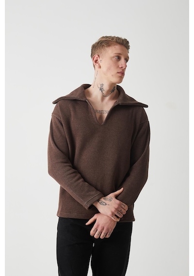 R-5850 Yaka Detaylı Örme Sweat Kahverengi