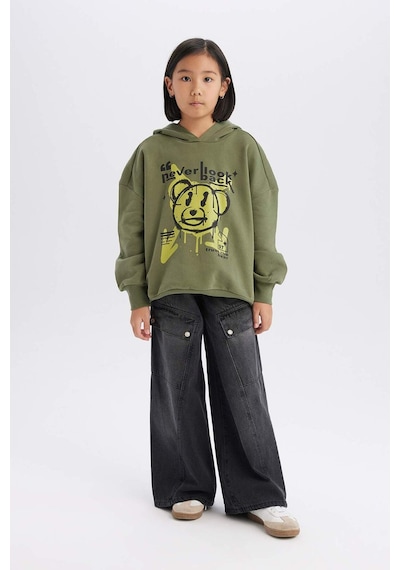 DeFacto Kız Çocuk Oversize Geniş Kalıp Kapüşonlu Baskılı Sweatshirt D1567A824WNKH210 Haki