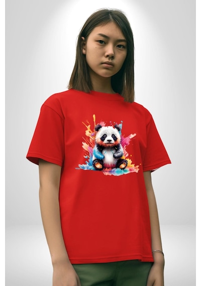 Renkli Yavru Panda Pamuklu Bisiklet Yaka Unisex Oversize Boyfriend Dijital Baskılı Kırmızı T-shirt Kırmızı