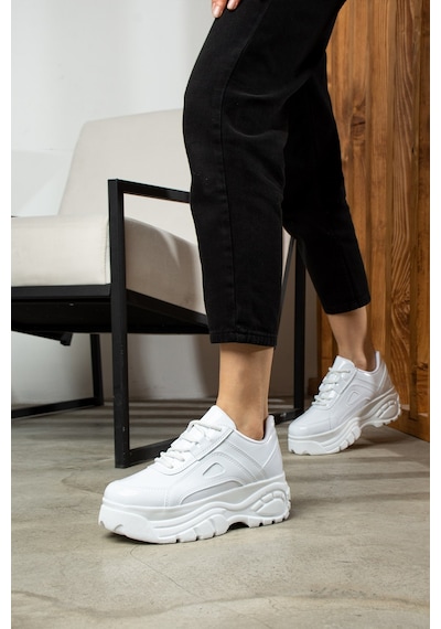 Nstil Günlük Kadın Spor Ayakkabı Yüksek Kalın Taban 6 Cm Suni Deri Sneaker 001 Beyaz - Rugan
