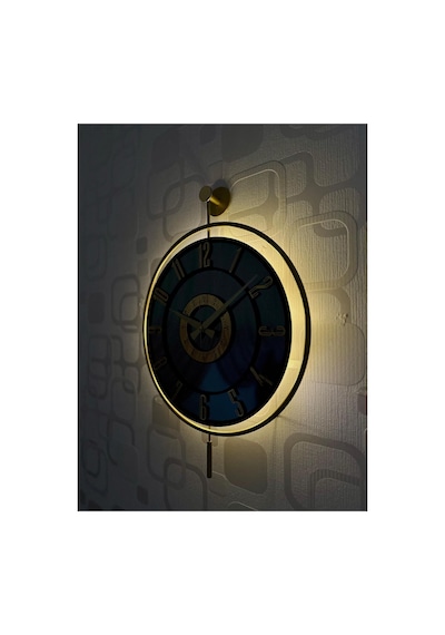 Pey Aksesuar Metal Aynalı Duvar Saati Işıklı Gerçek Cam Duvar Saati Modern Tasarım 40 X60 Cm Gold-füme-siyah