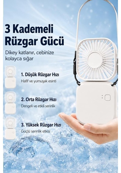 Özel Üretim Yazlık Esinti Hava F-05 Mini Fan Tutmalı Şarjlı Vantilatör Beyaz