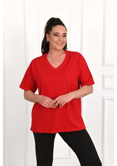 Kadın V Yaka Basic Büyük Beden T-shirt 1297-22 001