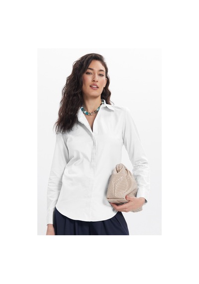 Tudors Kadın Slim Fit Dar Kesim %100 Pamuk Spor Yaka Gizli Pat Uzun Kollu Düz Oxford Leke Tutmaz Beyaz Gömlek-46436
