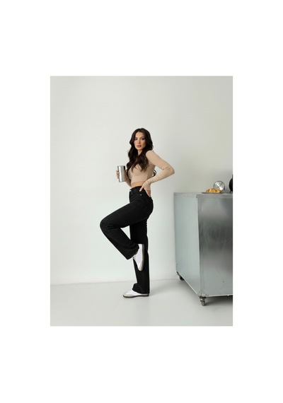 Kene Jeans Kadın Yüksek Bel Siyah Boyfriend Bol Paça Denim Kot Pantolon Siyah