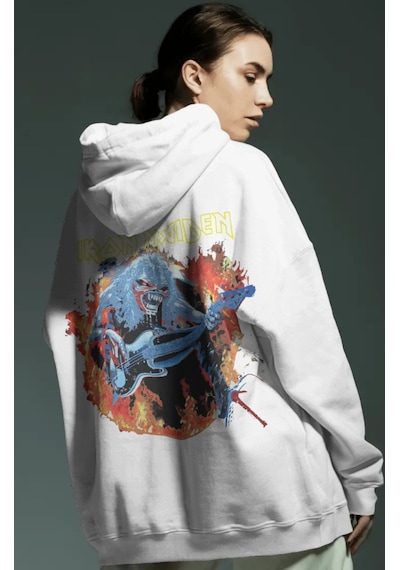Sevbano Iron Maiden Rock Metal Müzik Grubu Sırt Baskılı Unisex Oversize P beyaz