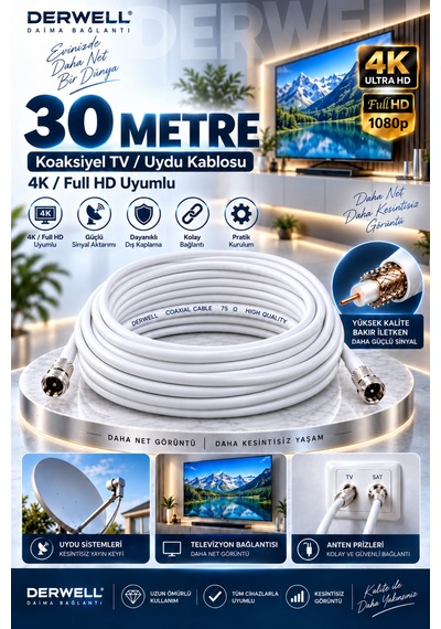 30 Metre 4k Full Hd Koaksiyel Tv Uydu Anten Kablosu Seti - Güçlü Sinyal Aktarımlı Dayanıklı Televizyon Kablosu - Lnb Alıcı Uyumlu Yüksek Kalite Beyaz