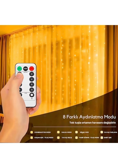 Shopytech 300 Led Usb Perde Işık 8 Modlu Uzaktan Kumandalı Gün Işığı Dekoratif Led Peri Işığı Çok Renkli
