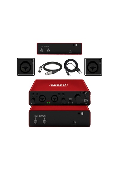 Midex İmpressive Paket - 5 Stüdyo Ekipmanları Seti Monitör Mikrofon Ses Kartı Kulaklık Midi Klavye Pad Controller