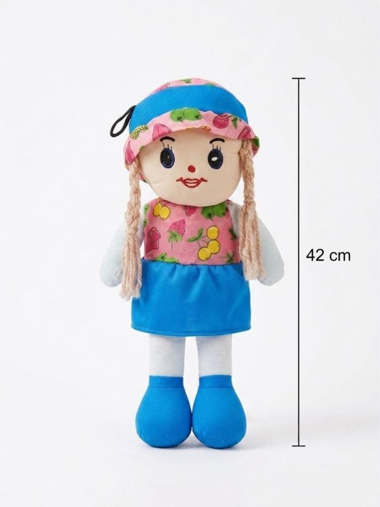 Meyveli Bebeğim 42cm Meyve Desenli Elbiseli Ve Şapkalı Oyun Arkadaşı El Yapımı Oyuncak Bez Bebek Mavi