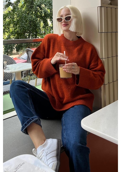 Madmext Madmext Bisiklet Yaka Oversize Triko Kazak MG1972 Kiremit Madmext Madmext Bisiklet Yaka Oversize Triko Kazak MG1972 Kiremit