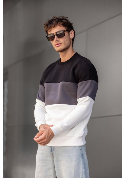 Trc 3244 Üç İplik Pamuklu Parçalı Bisiklet Yaka Erkek Sweatshirt 001