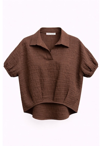 Mixray 4901 Kadın Polo Yaka Yarım Patlı Kraş Dokulu Crop Gömlek Kahve
