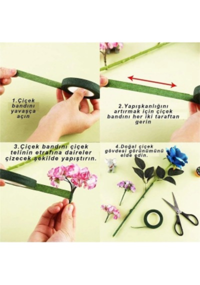Yeşil Çiçek Teli 10lu, 2mm-40 Cm & 2 Adet Açık Yeşil Çiçek Bandı Seti, Hobi, Dıy Çiçek Yapım Seti Yeşil