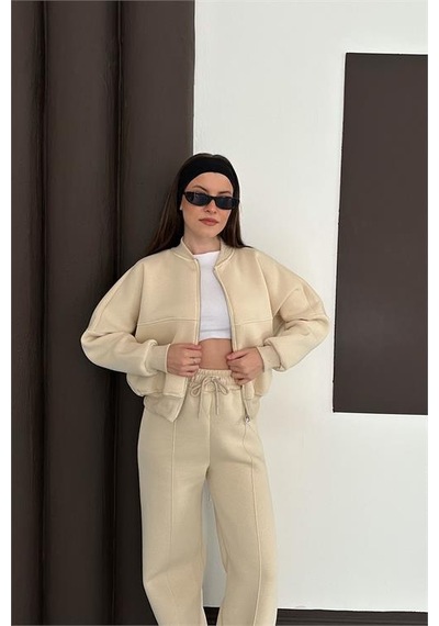 Neşeli Butik Kadın Bej Fermuarlı 3 İplik Eşofman Takımı Nbesf01 Bej