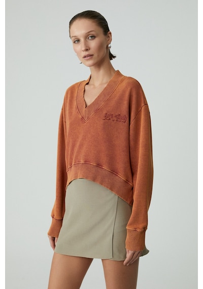 Grimelange ANDREITA Kadın V Yakalı Asimetrik Oversize Turuncu Sweatshirt