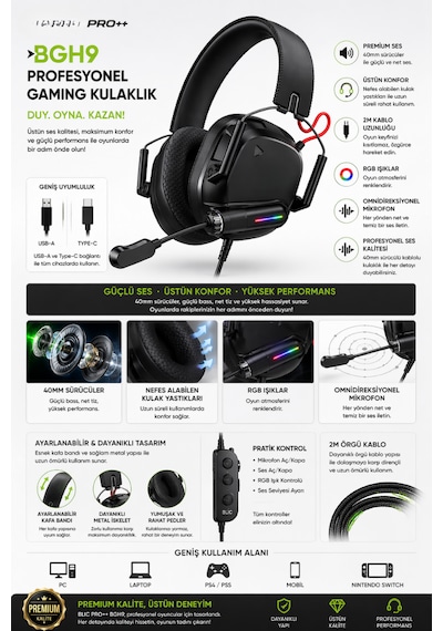 Rgb Işıklı Gaming Kulaklık 40mm Sürücü Omnidirectional Mikrofon 2m Kablo Usb-type-c Girişli