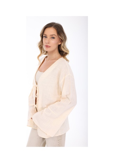 Blayn Jeans Blayn Kadın Keten Kimono Oversize Rahat Kalıp Yazlık Uzun Kollu Kimono Taş