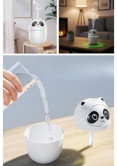 Sevimli Panda Figürlü Hava Nemlendirici, Ultrasonik Soğuk Buhar Makinesi, Led Işıklı Masaüstü Oda Nemlendirici