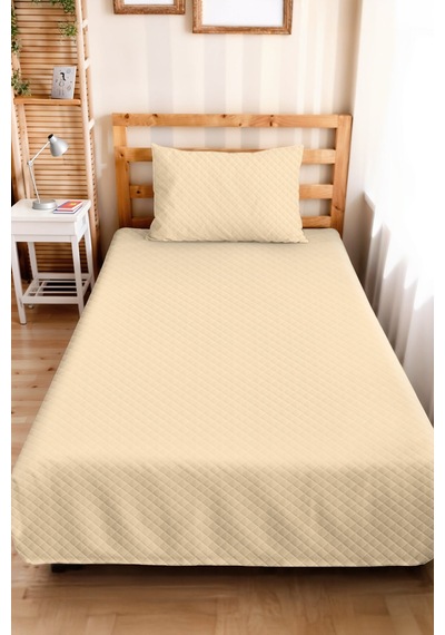 Krem Minimal Genç Odası Tek Kişilik Pike Takımı - Bej Geometrik 160x220 Cm Kapitone Yatak Örtüsü Ekru