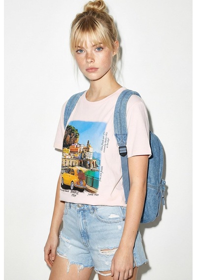 Shade Kadın Pamuk Italy Temalı Baskılı  Tasarım T-shirt 1008 60282054 - Toz Pembe L