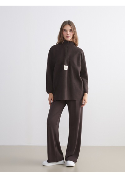Lcw Modest Kahverengi Dik Yaka Nakışlı Polar Kadın Sweatshirt Tunik