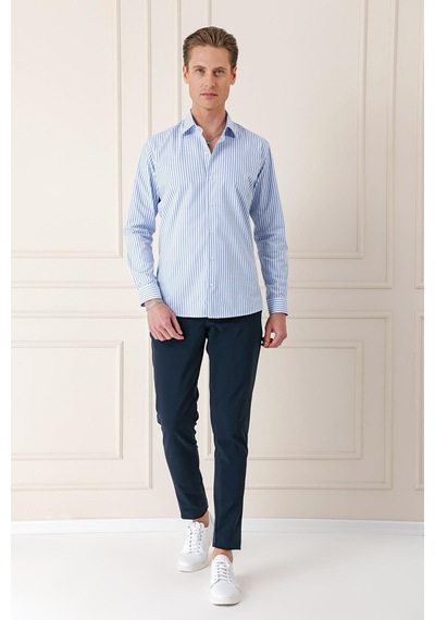 Efor Slim Fit Dikine Çizgili %100 Pamuk Klasik Mavi Beyaz Gömlek Gk 721 Mavi - Beyaz