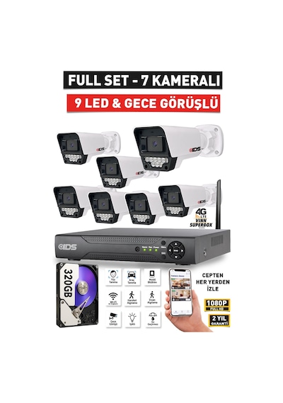 7 Kameralı 1080p Fullhd 5mp Lensli 9 Led Gece Görüşlü Güvenlik Kamerası Seti - 320gb