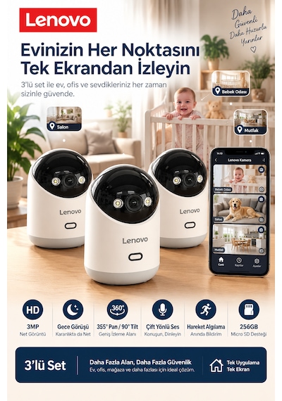 Lenovo Ev Kamerası 3'lü Set 2k 3mp, Wifi, Sesli, 360 Ptz, Mobil Kontrol, Hareket Takip, Iç Mekan Kamera Lnv35cset