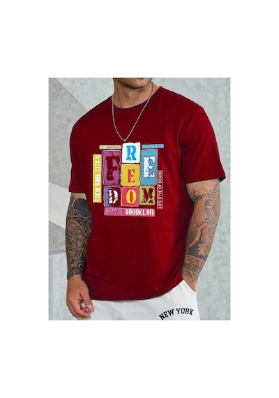 Medinenur Feedom Baskılı Unisex Bisiklet Yaka Tshirt Kırmızı