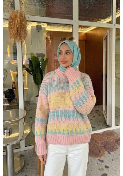 Trend Paris Kadın Etnik Desenli, Bisiklet Yaka, Salaş Triko Kazak - Standart Beden Açık Pembe