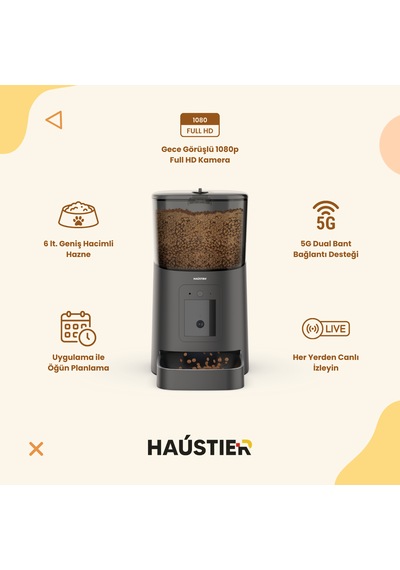 Haustier Pp003 Pro Siyah Kameralı 1080p Fhd Gece Görüş Akıllı Otomatik Kedi Mama Kabı, Tuya App-wifi Uzaktan Kontrol, Sesle Çağırma, 2.4ghz-5ghz, 6lt Hazne, Metal Kase