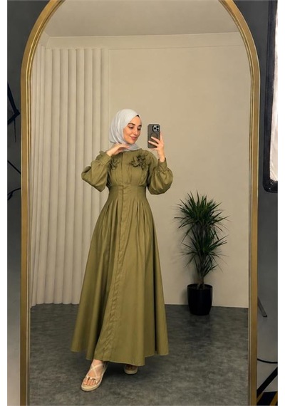 Neşeli Butik Kadın Yeşil Belden Oturtmalı Çiçek Detaylı Premium Tesettür Elbise Nbvq4933