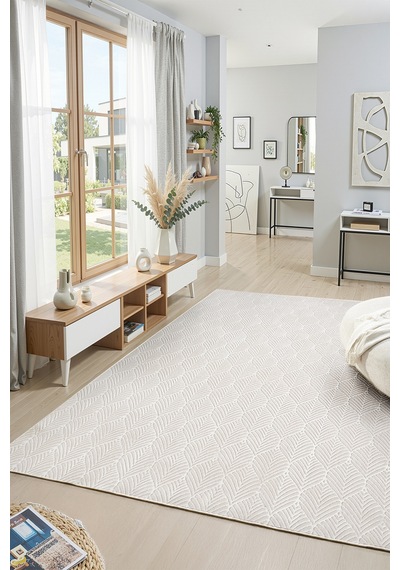 Raschel Carpet Premium Yıkanabilir Leke Tutmaz Yaprak Emboss Krem Özel Seri Kaymaz Taban Halı Yolluk Krem