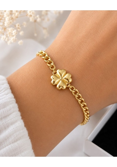 Cm Jewelry Yonca Desenli Gold Çelik Bileklik Açık Kahverengi