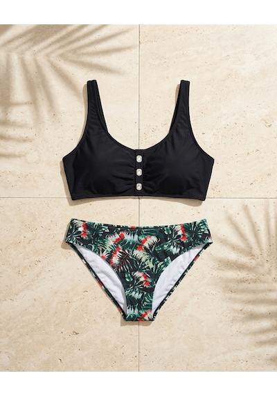 Büyük Beden Sabit Pedli Ayarlanabilir Askılı Alt Desenli Kadın Bikini Takım Siyah