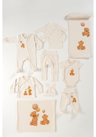 Tinylamb Fluffy Bear Organik Yenidoğan Hastane Çıkış Seti - 10 Parça Krem