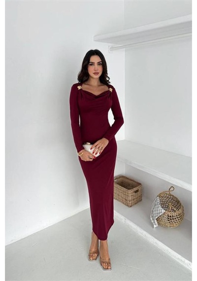 Neşeli Butik Kadın Drapeli Kayık Yaka Gold Aksesuarlı Elbise Nbk4386 Bordo