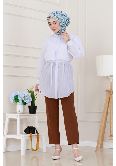 Sevitli Beli Bağcıklı Allerli Taşlı Tunik-beyaz-5222 Beyaz