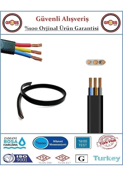 3x1.5 Ttr Yassı Çarkıt Siyah Elektrik Kablosu - 15 Metre