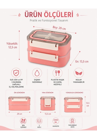 Vagonlife Bl2221-2 Pembe 1600 Ml 2 Katlı 3 Bölmeli Paslanmaz Çelik Lunch Box Beslenme Kabı Çok Renkli