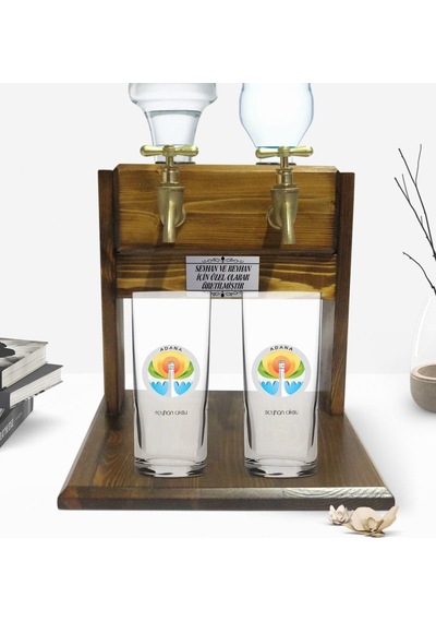 Kişiye Özel Renkli Baskılı Adana Tasarımlı Turistik İkili Rakı Bardağı Ve Çift Musluklu Doğal Ahşap Rakı Standı-2
