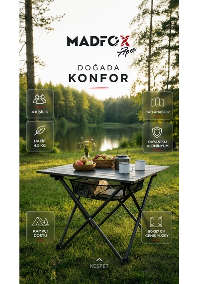 Madfox Apex Katlanabilir Alüminyum Kamp Masası 80 67 62 Cm Siyah
