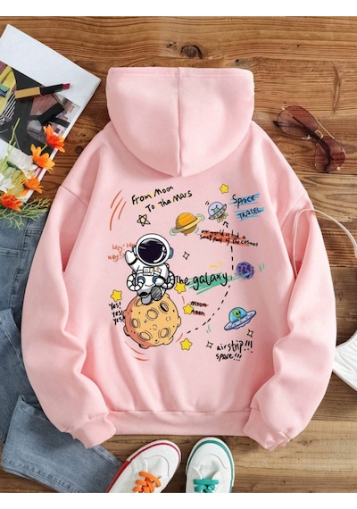 Startmore Pembe Unisex Kadın/erkek Galaxy Renkli Özel Baskılı Pamuklu Oversize Kapüşonlu