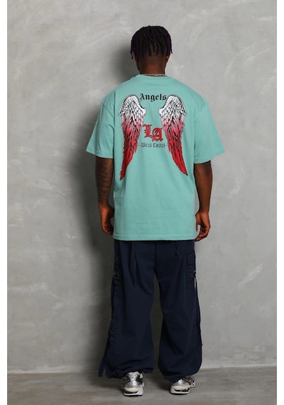 Barlashive Erkek Kısa Kol Tişört Bisiklet Yaka Kanat Baskılı Oversize T-shirt - Mint Yeşili Çok Renkli