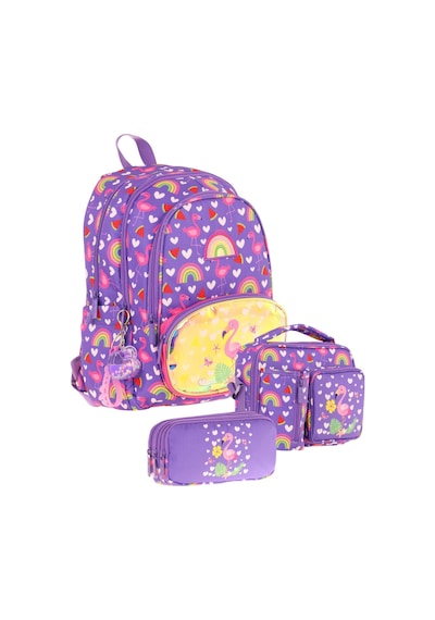 Kaukko Kids Kız Çocuklara Özel Mor Pembe - Flamingo Nakışlı Ve Baskılı Üçlü Okul Çantası Seti Mor - Pembe