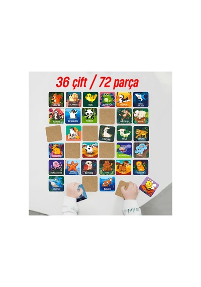 Ahşap Zeka Kartı Eşleştirme Oyunu 72 Parça Sevimli Hayvanlar Türkçe Kartlar