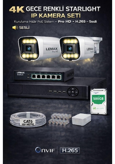 2 Kameralı 4k 1440p Full Hd Sesli Poe Ip Kamera Sistemi Gece Renkli Ultra Hd Güvenlik Seti