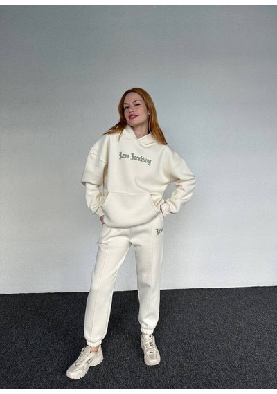 J&kstores Baskılı Üç İplik Polar Oversize Eşofman Takımı Krem