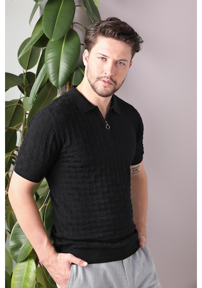 Ferraro Siyah Polo Yaka Fermuarlı Erkek Pamuk Triko T-Shirt-Siyah (429067832) Siyah